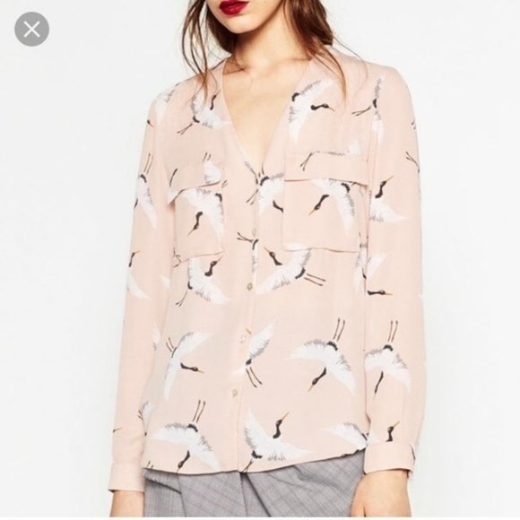 Zara Basics Crane Print Blouse Open Back Button Up Top - Picture 4 of 9